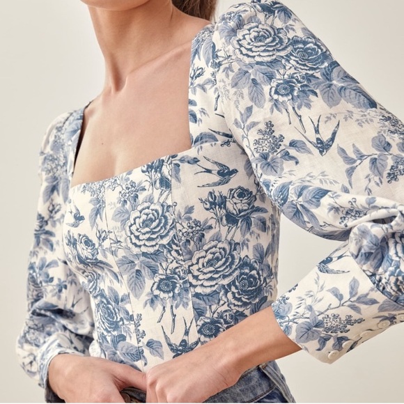 Reformation Linen Stilton Floral Romantic Square Neck Long Sleeve Top Size 10 - Picture 2 of 16